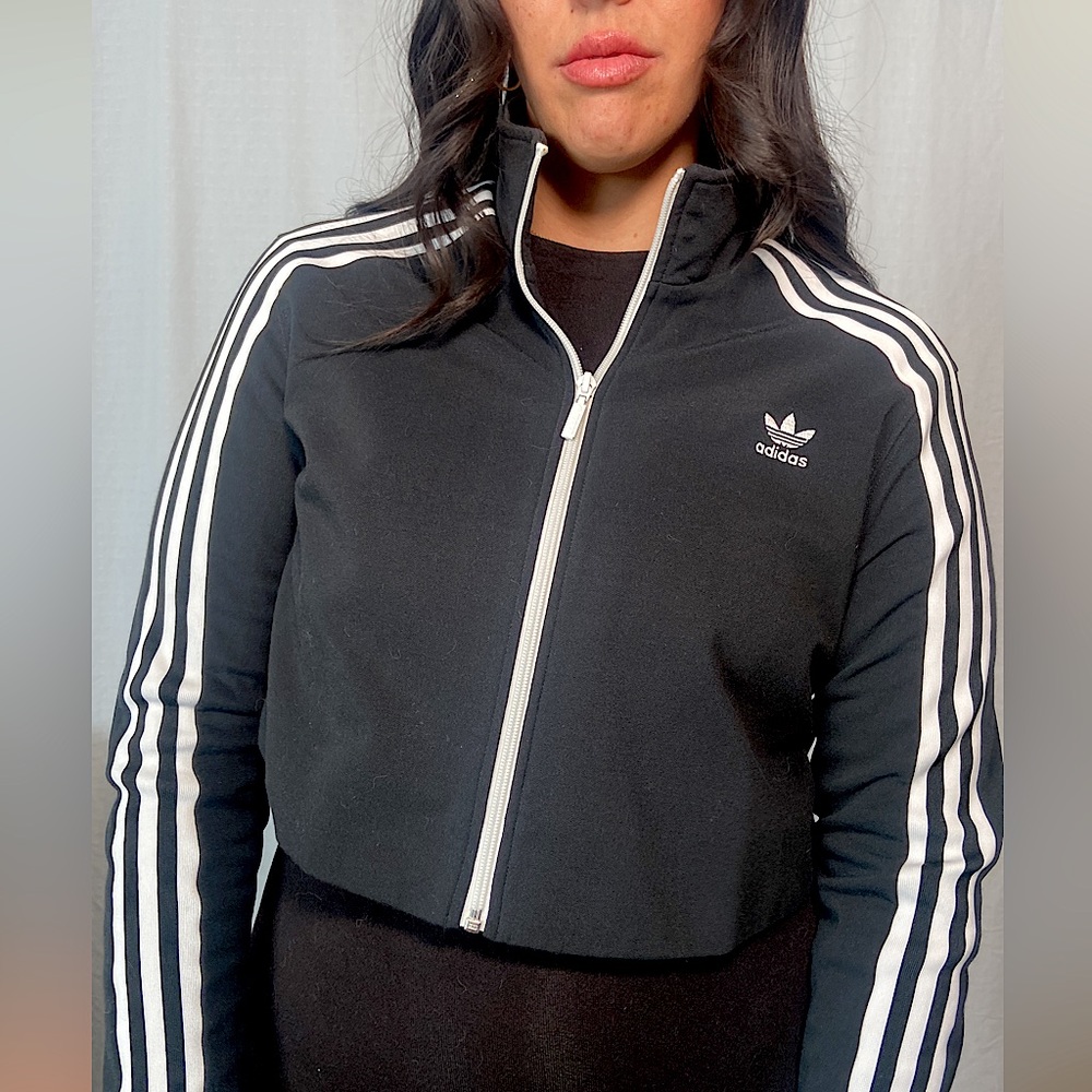 90s Cropped Full-Zip Adidas Black and White Stripe Track Jacket